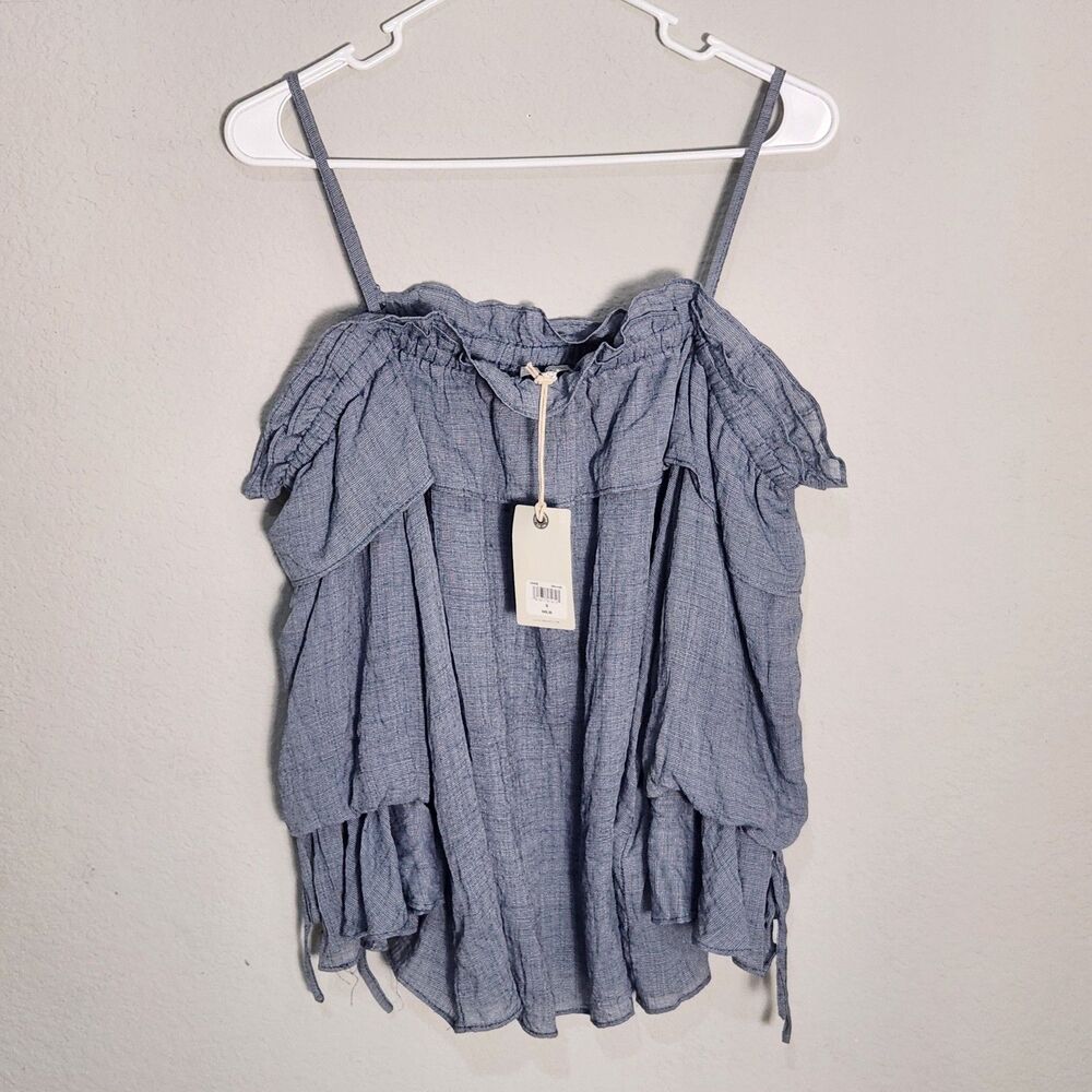 Lucky Brand Womens Small Blue Off Shoulder Ruffle Top Boho Peasant NWT